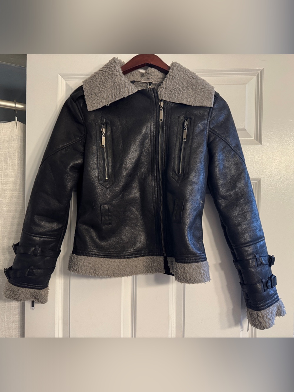dELiA*s Black Faux Leather Shearling Jacket with Gray Trim